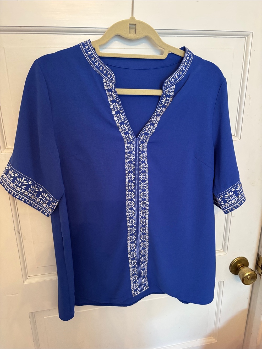 Embroidered Split-Neck Women's Top in Royal Blue